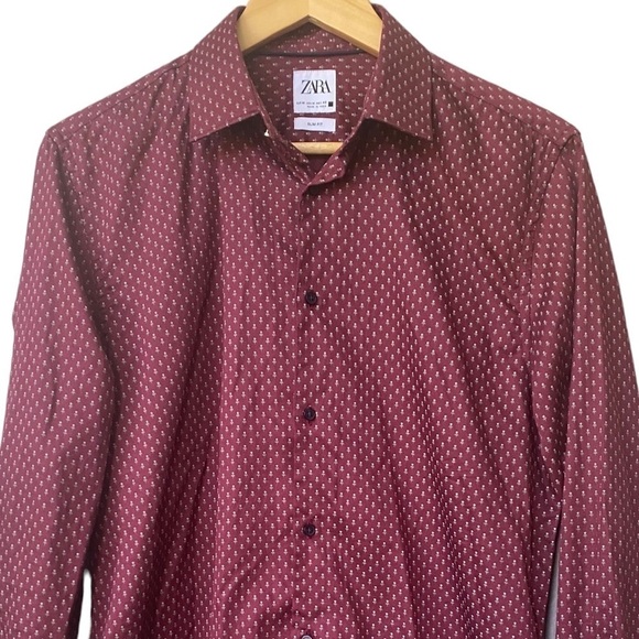 Zara Slim Fit Maroon Red Casual Button Up Down Collared Long Sleeve Shirt - Picture 2 of 8